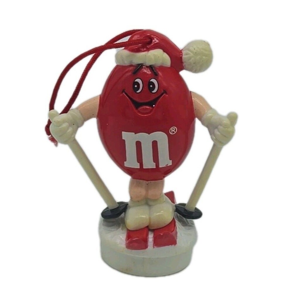 Vintage 1991 Skiing Red M&M Candy Character Skis Plastic Christmas Tree Ornament